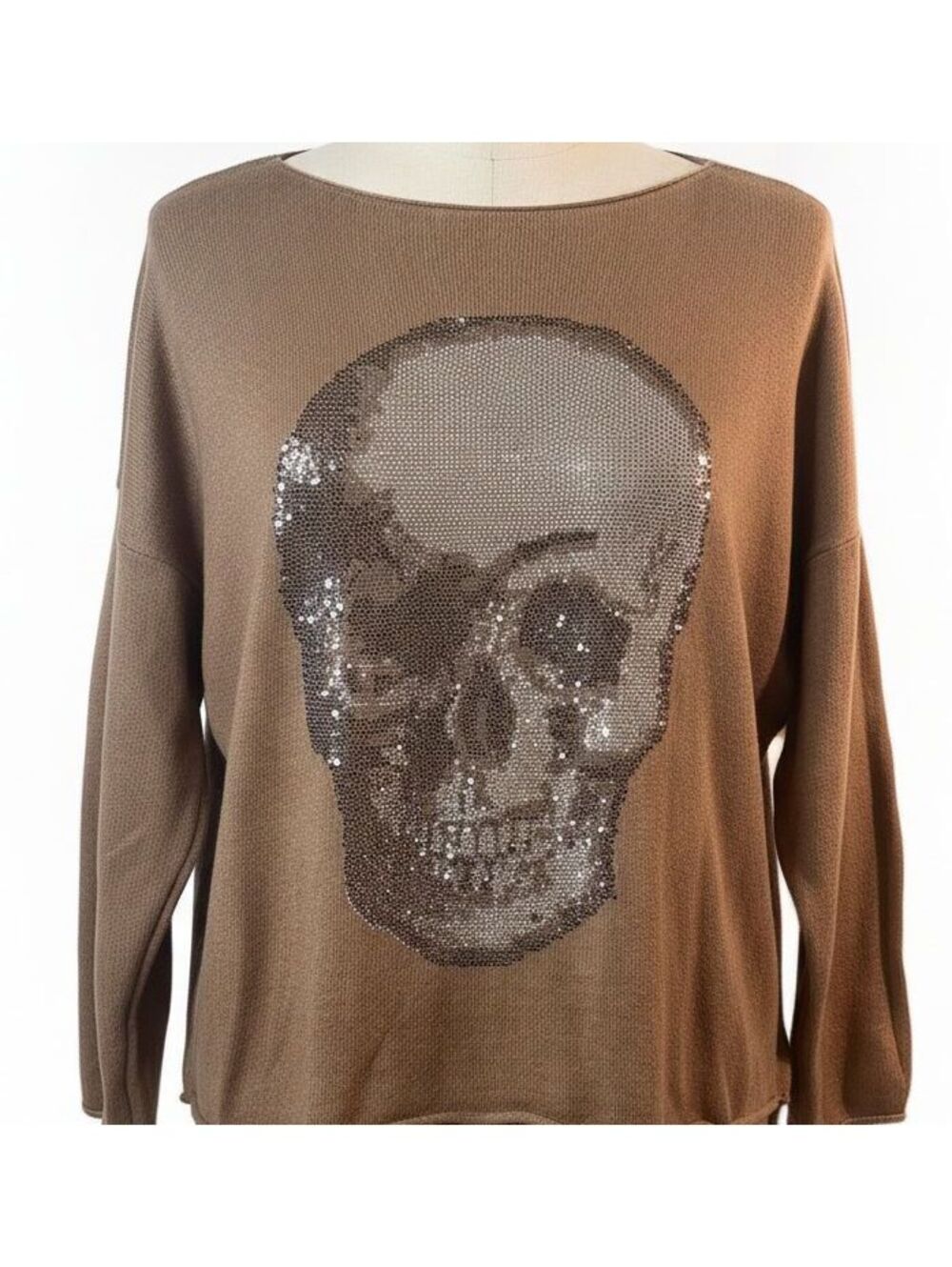 Venti6 Taupe Rhinestone Skull Sweater Made Italy Oversized Goth Rock Slouchy